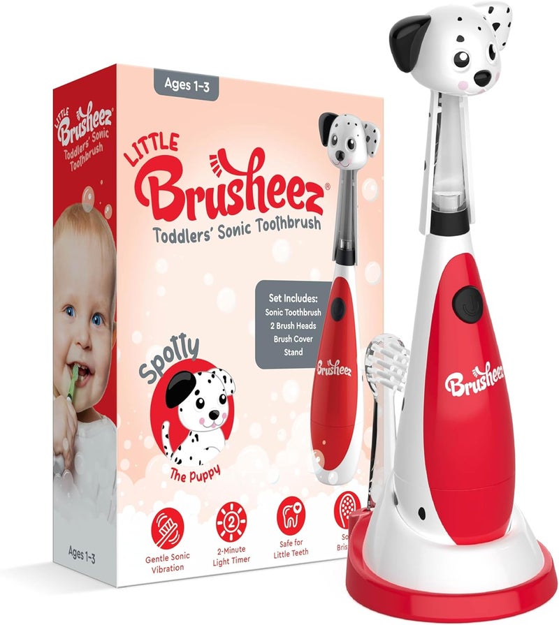 Brusheez Little Toddlers’ Sonic Toothbrush - Safe & Gentle Toothbrush for Ages 1-3 with Built-in, Light-Up 2-Minute Timer, Extra Brush Head, & Storage Base for First-Time Brushers (Spotty The Puppy) - Image 1